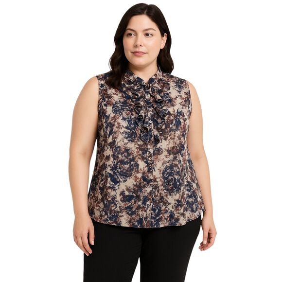 Tahari ASL Sleeveless Sheer Blue Paisley Blouse | Button Front Ruffle | X-Large - Picture 1 of 12